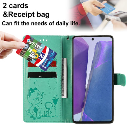 For Samsung Galaxy Note 20 Cat Bee Embossing Pattern Shockproof Horizontal Flip Leather Case with Holder & Card Slots & Wallet(Green)-garmade.com