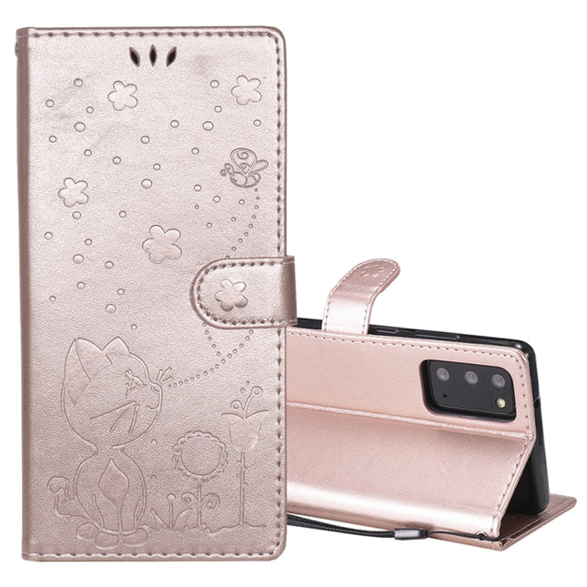 For Samsung Galaxy Note 20 Cat Bee Embossing Pattern Shockproof Horizontal Flip Leather Case with Holder & Card Slots & Wallet(Rose Gold)-garmade.com