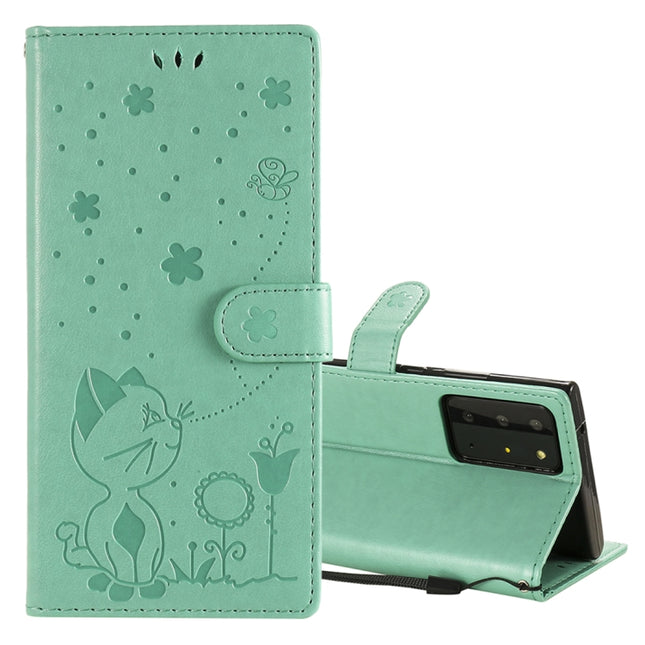 For Samsung Galaxy Note 20 Ultra Cat Bee Embossing Pattern Shockproof Horizontal Flip Leather Case with Holder & Card Slots & Wallet(Green)-garmade.com