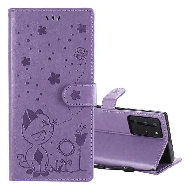 For Samsung Galaxy Note 20 Ultra Cat Bee Embossing Pattern Shockproof Horizontal Flip Leather Case with Holder & Card Slots & Wallet(Purple)-garmade.com
