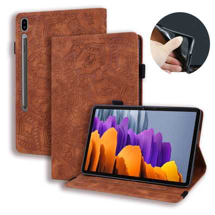For Samsung Galaxy Tab S8+ / Tab S8 Plus / Tab S7 FE / Tab S7+ Calf Texture Embossed Horizontal Flip Leather Case with Holder & Card Slots & Photo Frame(Brown)-garmade.com