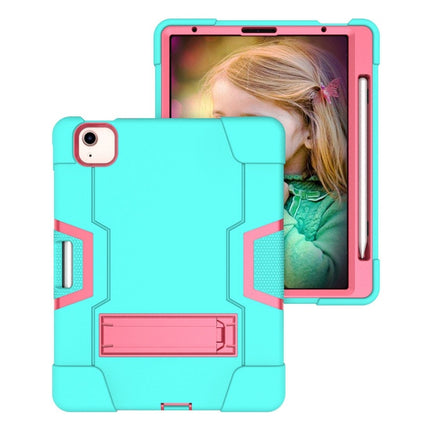 For iPad Air 2022 / 2020 10.9 Contrast Color Robot Shockproof Silicon + PC Protective Case with Holder & Pen Slot(Mint Green + Rose Red)-garmade.com