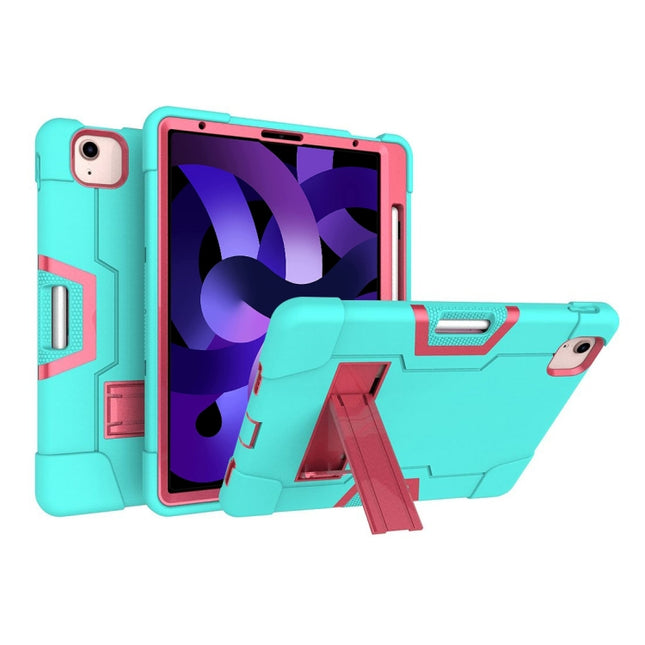 For iPad Air 2022 / 2020 10.9 Contrast Color Robot Shockproof Silicon + PC Protective Case with Holder & Pen Slot(Mint Green + Rose Red)-garmade.com