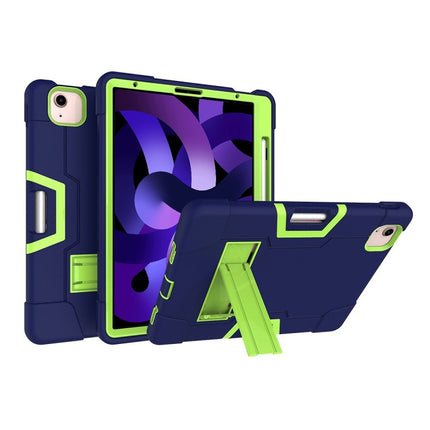 For iPad Air 2022 / 2020 10.9 Contrast Color Robot Shockproof Silicon + PC Protective Case with Holder & Pen Slot(Navy Blue + Yellow-green)-garmade.com