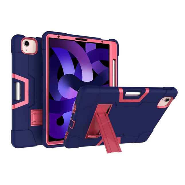 For iPad Air 2022 / 2020 10.9 Contrast Color Robot Shockproof Silicon + PC Protective Case with Holder & Pen Slot(Navy Blue + Rose Red)-garmade.com