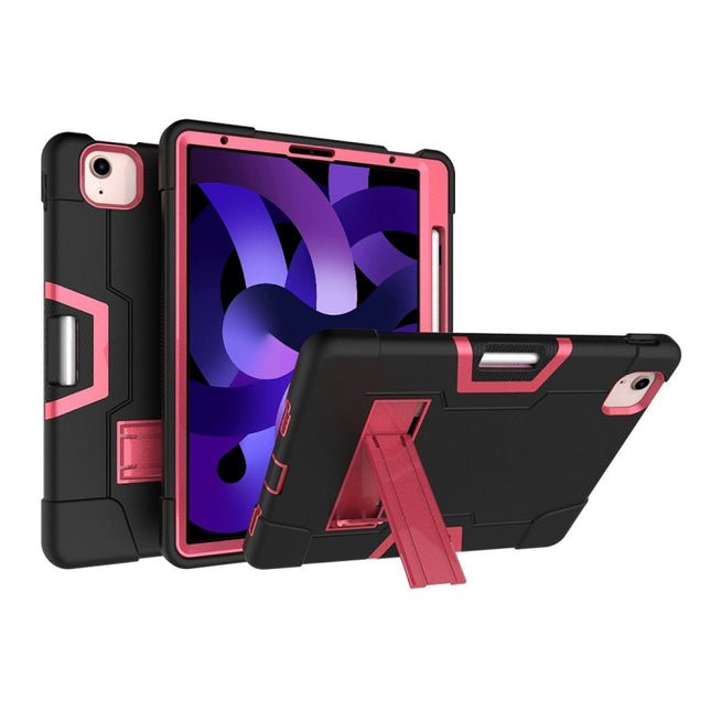 For iPad Air 2022 / 2020 10.9 Contrast Color Robot Shockproof Silicon + PC Protective Case with Holder & Pen Slot(Black + Rose Red)-garmade.com