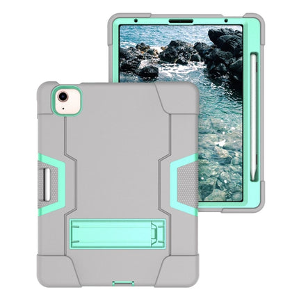 For iPad Air 2022 / 2020 10.9 Contrast Color Robot Shockproof Silicon + PC Protective Case with Holder & Pen Slot(Grey + Mint Green)-garmade.com