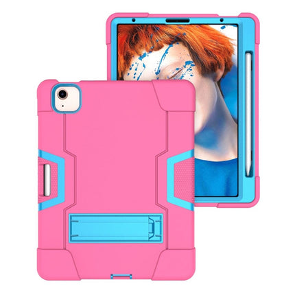 For iPad Air 2022 / 2020 10.9 Contrast Color Robot Shockproof Silicon + PC Protective Case with Holder & Pen Slot(Rose Red + Blue)-garmade.com
