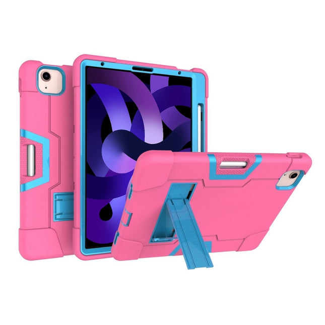 For iPad Air 2022 / 2020 10.9 Contrast Color Robot Shockproof Silicon + PC Protective Case with Holder & Pen Slot(Rose Red + Blue)-garmade.com