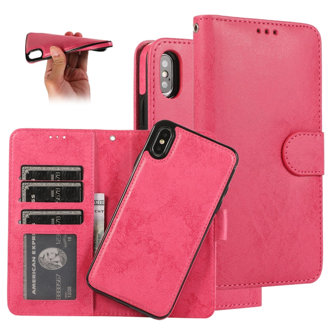 For iPhone XS / X KLT888-2 Retro 2 in 1 Detachable Magnetic Horizontal Flip TPU + PU Leather Case with Holder & Card Slots & Photo Frame & Wallet(Rose Red)-garmade.com