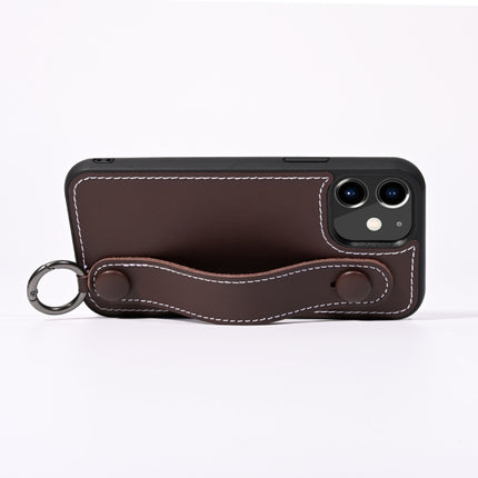 For iPhone 11 Top Layer Cowhide Shockproof Protective Case with Wrist Strap Bracket(Coffee)-garmade.com