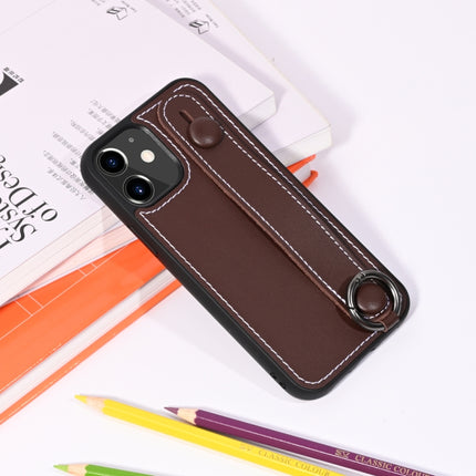 For iPhone 11 Top Layer Cowhide Shockproof Protective Case with Wrist Strap Bracket(Coffee)-garmade.com