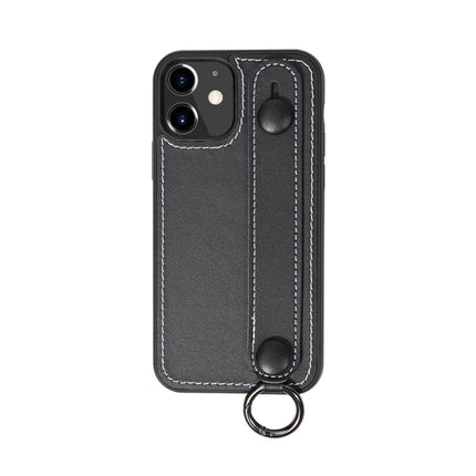 For iPhone 12 / 12 Pro Top Layer Cowhide Shockproof Protective Case with Wrist Strap Bracket(Black)-garmade.com