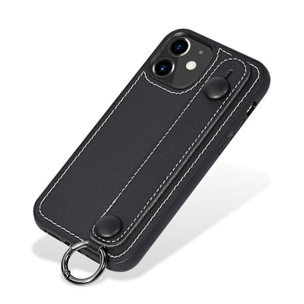 For iPhone 12 / 12 Pro Top Layer Cowhide Shockproof Protective Case with Wrist Strap Bracket(Black)-garmade.com