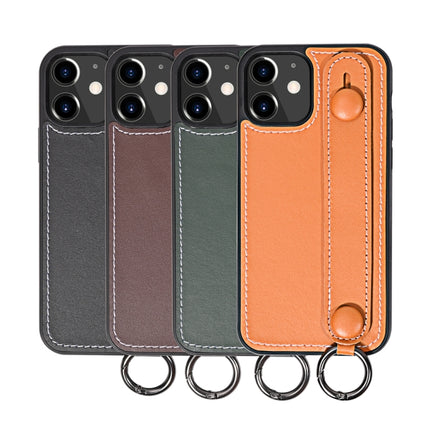 For iPhone 12 / 12 Pro Top Layer Cowhide Shockproof Protective Case with Wrist Strap Bracket(Coffee)-garmade.com
