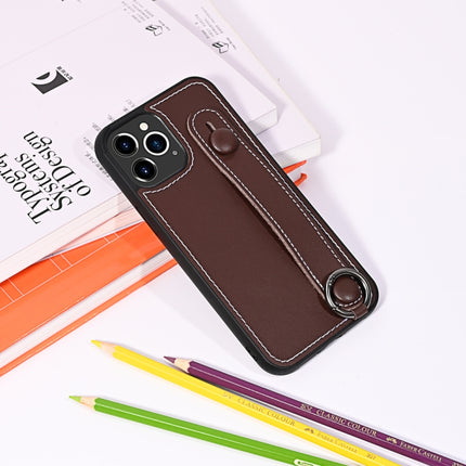 For iPhone 12 Pro Max Top Layer Cowhide Shockproof Protective Case with Wrist Strap Bracket(Coffee)-garmade.com