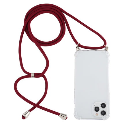 For iPhone 12 / 12 Pro Four-Corner Shockproof Transparent TPU Case with Lanyard(Wine Red)-garmade.com