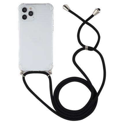For iPhone 12 / 12 Pro Four-Corner Shockproof Transparent TPU Case with Lanyard(Black)-garmade.com