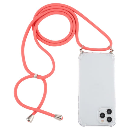 For iPhone 12 / 12 Pro Four-Corner Shockproof Transparent TPU Case with Lanyard(Red)-garmade.com
