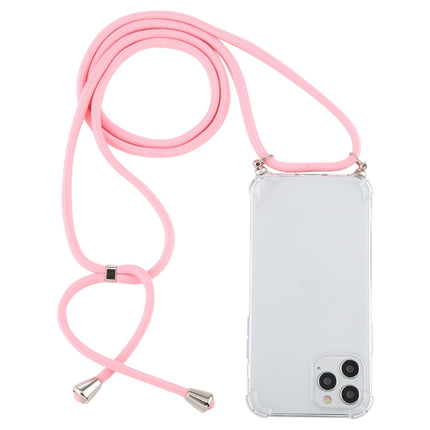 For iPhone 12 / 12 Pro Four-Corner Shockproof Transparent TPU Case with Lanyard(Light Pink)-garmade.com