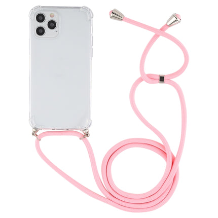 For iPhone 12 / 12 Pro Four-Corner Shockproof Transparent TPU Case with Lanyard(Light Pink)-garmade.com