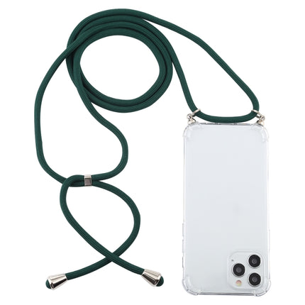For iPhone 12 / 12 Pro Four-Corner Shockproof Transparent TPU Case with Lanyard(Dark Green)-garmade.com