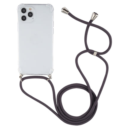 For iPhone 12 / 12 Pro Four-Corner Shockproof Transparent TPU Case with Lanyard(Dark Grey)-garmade.com