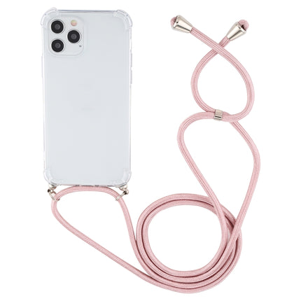 For iPhone 12 / 12 Pro Four-Corner Shockproof Transparent TPU Case with Lanyard(Pink)-garmade.com