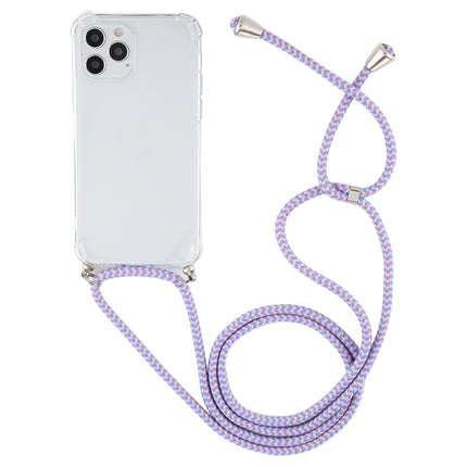 For iPhone 12 / 12 Pro Four-Corner Shockproof Transparent TPU Case with Lanyard(Purple Blue Yellow)-garmade.com