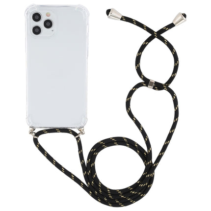 For iPhone 12 / 12 Pro Four-Corner Shockproof Transparent TPU Case with Lanyard(Black Gold)-garmade.com