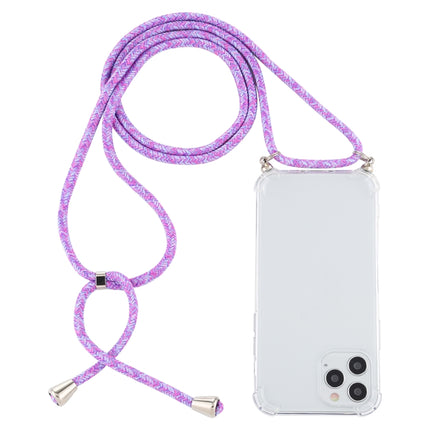 For iPhone 12 / 12 Pro Four-Corner Shockproof Transparent TPU Case with Lanyard(Purple)-garmade.com