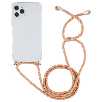 For iPhone 12 / 12 Pro Four-Corner Shockproof Transparent TPU Case with Lanyard(Orange Purple)-garmade.com