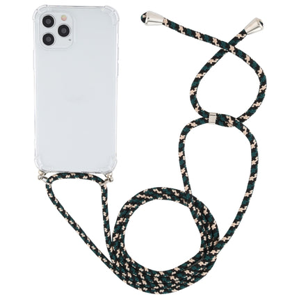 For iPhone 12 / 12 Pro Four-Corner Shockproof Transparent TPU Case with Lanyard(Green Black)-garmade.com