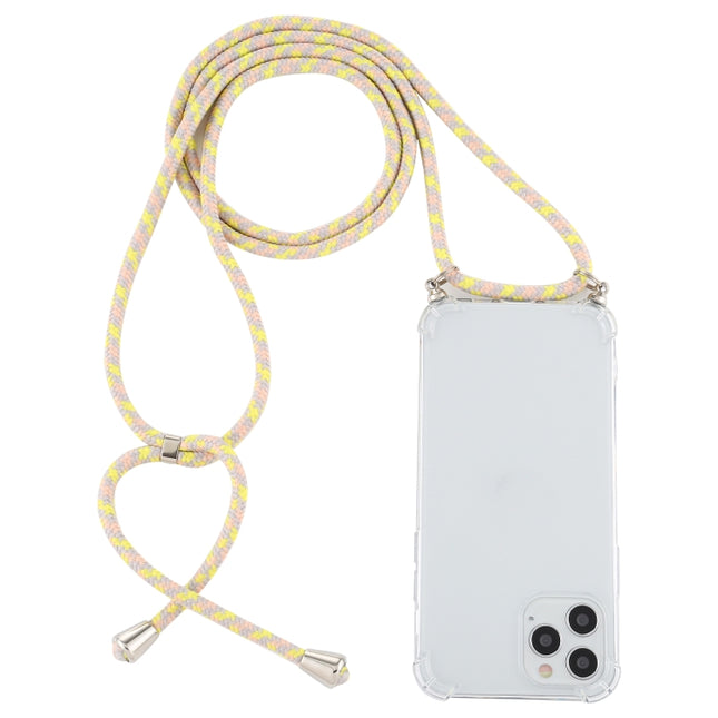 For iPhone 12 / 12 Pro Four-Corner Shockproof Transparent TPU Case with Lanyard(Grey Yellow)-garmade.com