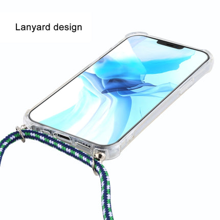 For iPhone 12 / 12 Pro Four-Corner Shockproof Transparent TPU Case with Lanyard(Green Blue White)-garmade.com