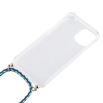 For iPhone 12 / 12 Pro Four-Corner Shockproof Transparent TPU Case with Lanyard(Green Blue White)-garmade.com
