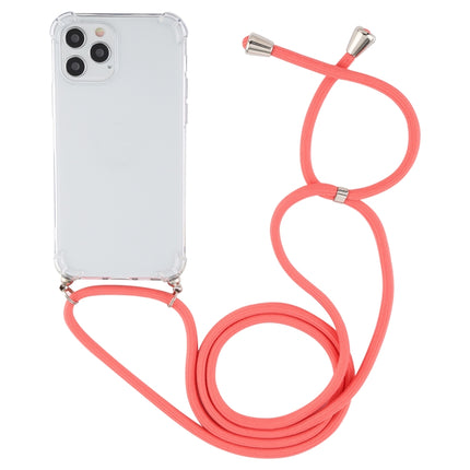 For iPhone 12 Pro Max Four-Corner Shockproof Transparent TPU Case with Lanyard(Red)-garmade.com