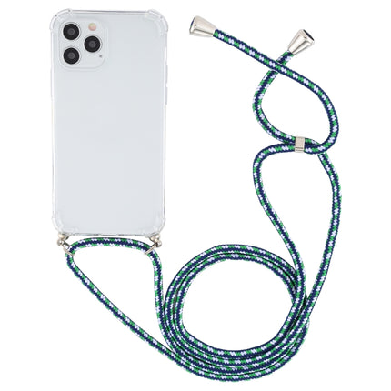 For iPhone 12 Pro Max Four-Corner Shockproof Transparent TPU Case with Lanyard(Green Blue White)-garmade.com