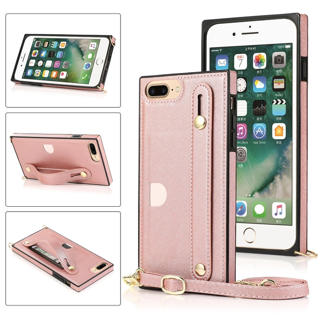 For iPhone 6 Plus Wrist Strap PU+TPU Shockproof Protective Case with Crossbody Lanyard & Holder & Card Slot(Rose Gold)-garmade.com
