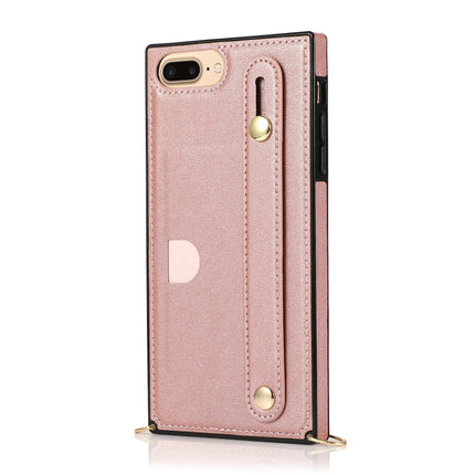 For iPhone 6 Plus Wrist Strap PU+TPU Shockproof Protective Case with Crossbody Lanyard & Holder & Card Slot(Rose Gold)-garmade.com