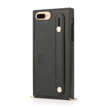 For iPhone 6 Plus Wrist Strap PU+TPU Shockproof Protective Case with Crossbody Lanyard & Holder & Card Slot(Black)-garmade.com