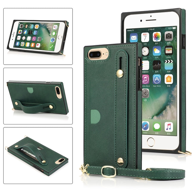 For iPhone 6 Plus Wrist Strap PU+TPU Shockproof Protective Case with Crossbody Lanyard & Holder & Card Slot(Green)-garmade.com
