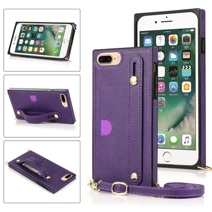 For iPhone 6 Plus Wrist Strap PU+TPU Shockproof Protective Case with Crossbody Lanyard & Holder & Card Slot(Purple)-garmade.com