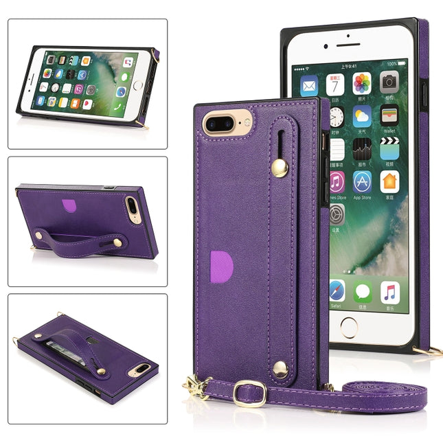 For iPhone 6 Plus Wrist Strap PU+TPU Shockproof Protective Case with Crossbody Lanyard & Holder & Card Slot(Purple)-garmade.com