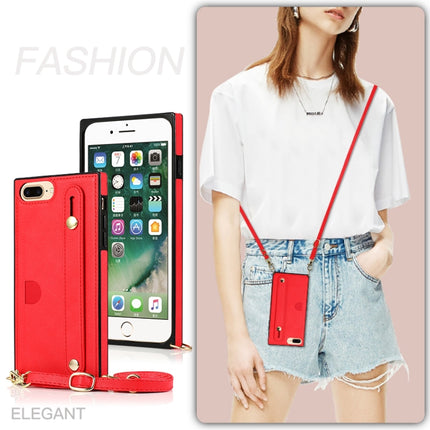 For iPhone 6 Plus Wrist Strap PU+TPU Shockproof Protective Case with Crossbody Lanyard & Holder & Card Slot(Red)-garmade.com
