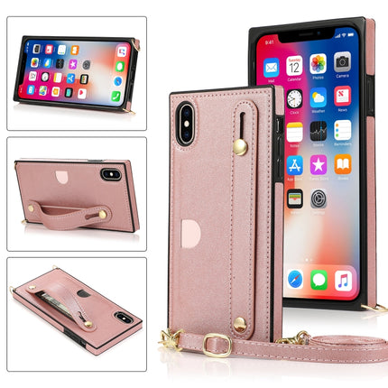 For iPhone XS / X Wrist Strap PU+TPU Shockproof Protective Case with Crossbody Lanyard & Holder & Card Slot(Rose Gold)-garmade.com