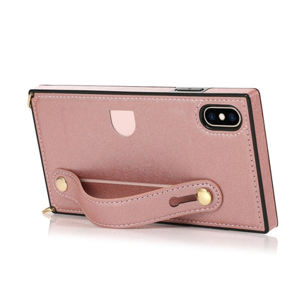 For iPhone XS / X Wrist Strap PU+TPU Shockproof Protective Case with Crossbody Lanyard & Holder & Card Slot(Rose Gold)-garmade.com