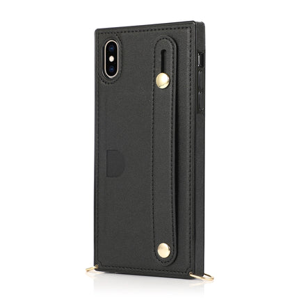For iPhone XS / X Wrist Strap PU+TPU Shockproof Protective Case with Crossbody Lanyard & Holder & Card Slot(Black)-garmade.com