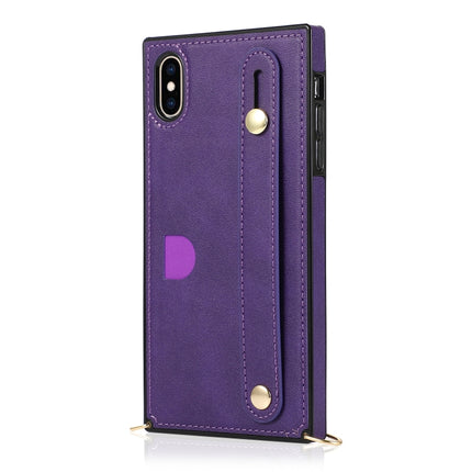 For iPhone XS / X Wrist Strap PU+TPU Shockproof Protective Case with Crossbody Lanyard & Holder & Card Slot(Purple)-garmade.com