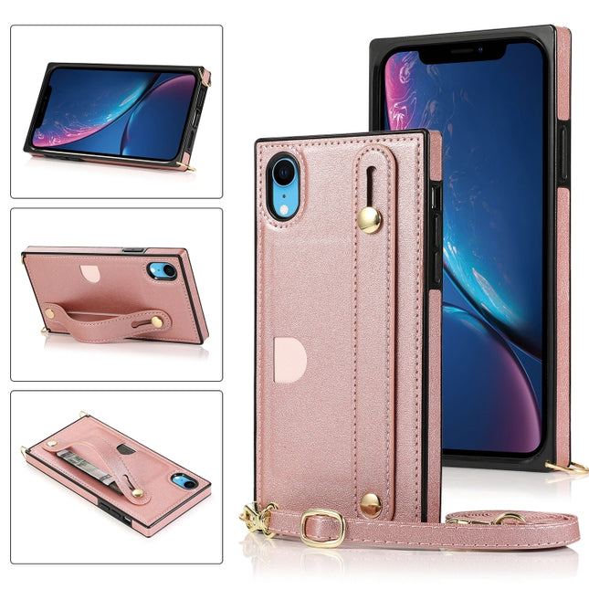 For iPhone XR Wrist Strap PU+TPU Shockproof Protective Case with Crossbody Lanyard & Holder & Card Slot(Rose Gold)-garmade.com